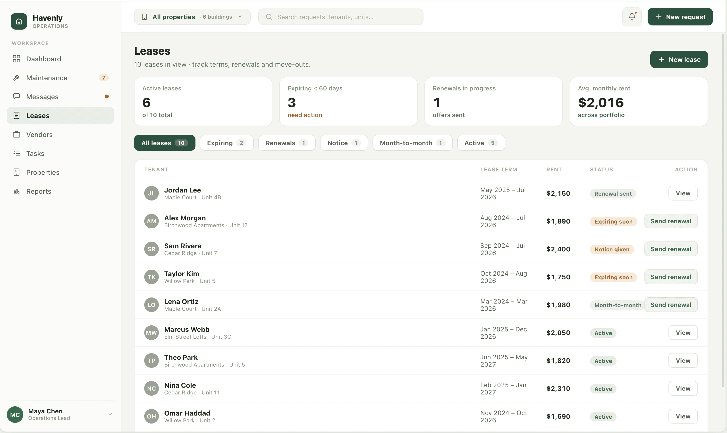 Havenly lease management screenshot